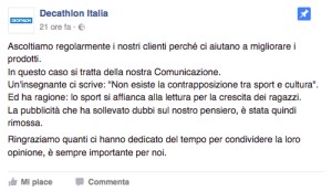 Il post col quale Decathlon spiega la rimozione della campagna #LoFaccioPerché in campo non servono libri